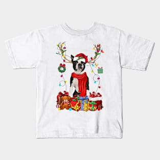 Black Boston Terrier Reindeer Santa Christmas Color Lights Kids T-Shirt